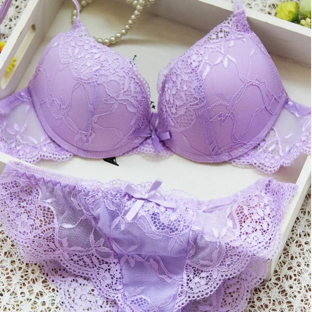 Sexy Women Push Up Bra Set Candy Colors Lace Floral Embroidery Brassiere Lingerie Underwear Sets 32/34/36 B