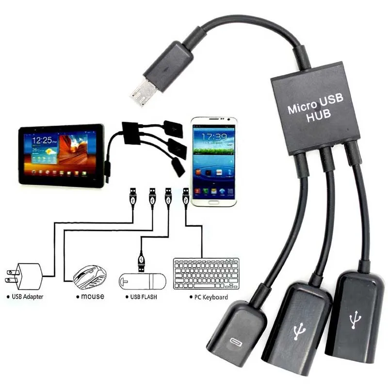 

3 in 1 Micro USB Male to Female Double USB 2.0 Host OTG Adapter Cable Connector Spliter For Smartphone Computer Tablet Data Wire