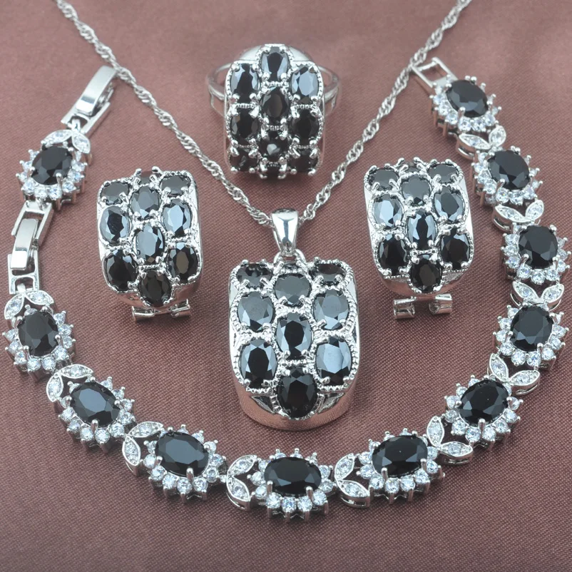 

Geometric Black White Zircon 925 Silver Jewelry Sets For Women Bracelet Earrings Necklace pendant Ring Gift YZ0521