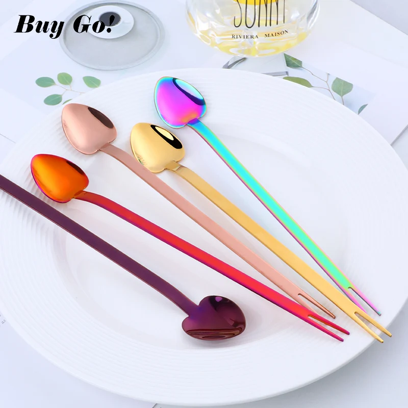 10 PCS Heart Shape Fruit Fork Spoon Spork Polish Long Handle Salad Spoons Bar Drink Cocktail Mixing Spoon Ice Cream Yogurt Spoon