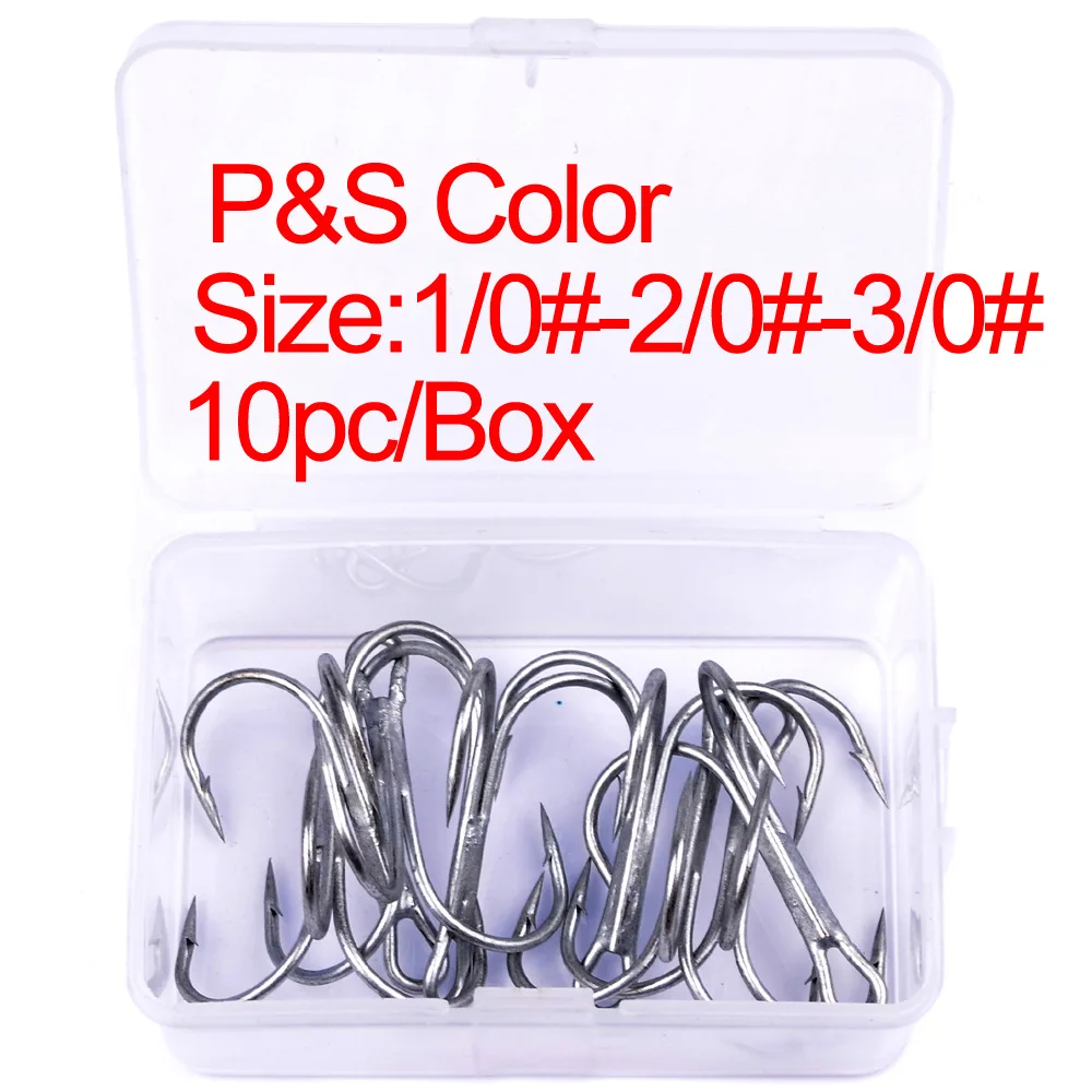 10pcs boxed hooks 1/0# 2/0# 3/0# white high carbon steel three hooks Treble Hooks Barbed High Carbon Steel Fishing