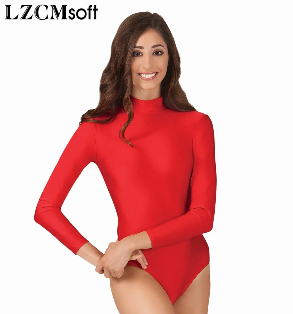 LZCMsoft Adult Long Sleeve Ballet Dance Gymnastics Leotards Bodysuit High Neck Elastic Black Leotard for Women Spandex Dancewear