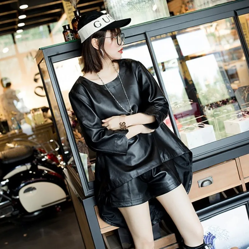 Top Brand Female Irregular Cape Sheepskin Genuine Leather Jacket Rock Single Breasted Pullover Women Loose Fit Motor Biker Tops