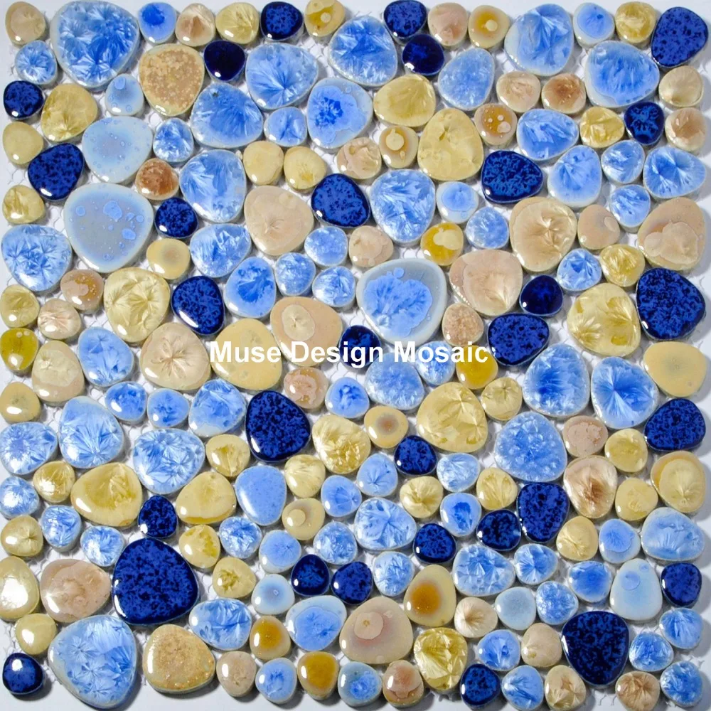 

Sea Blue Beige Pebbles Ceramic Mosaic Sample Tile for Bathroom shower Wall Sticker Floor Tile