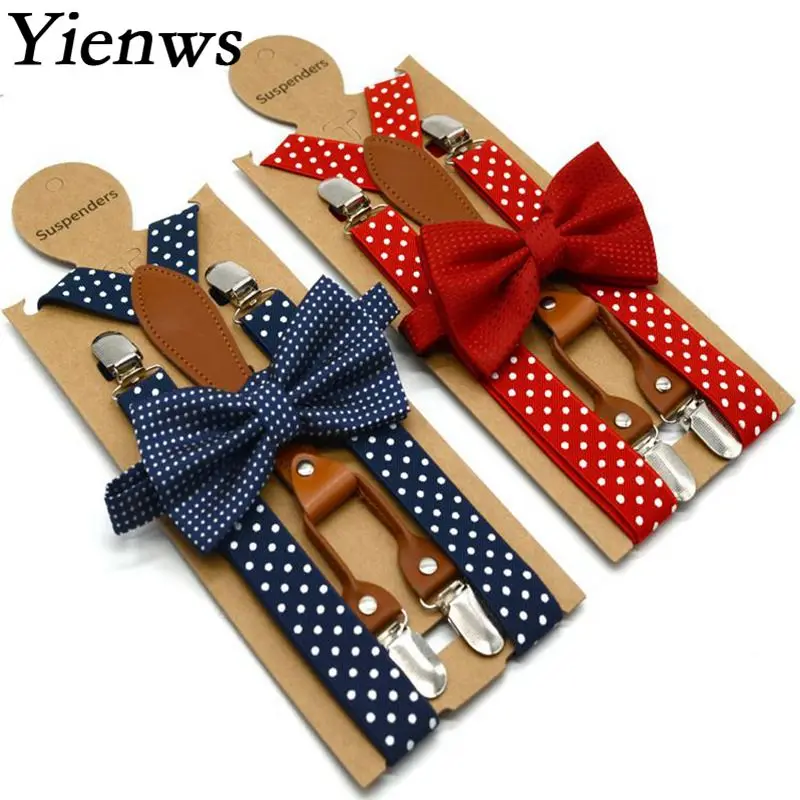 Yienws Polka Dot Bow Tie Suspenders for Men Women 4 Clip Leather Suspensorio Adult Bowtie Braces for Trousers Navy Red YiA119