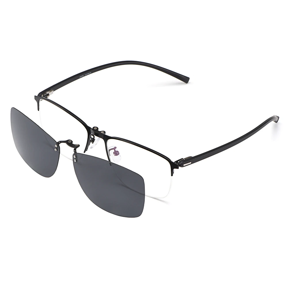 Gmei Optical Men Square Ultralight Titanium Alloy Semi-Rimless Glasses Frame Polarized Clip on Sunglasses S9341