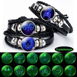 Luminous 12 Zodiac Signs Bracelet Men Women Punk Leather Bracelet Constellation Bracelet Zodiac Jewelry for Birthday Day Gift