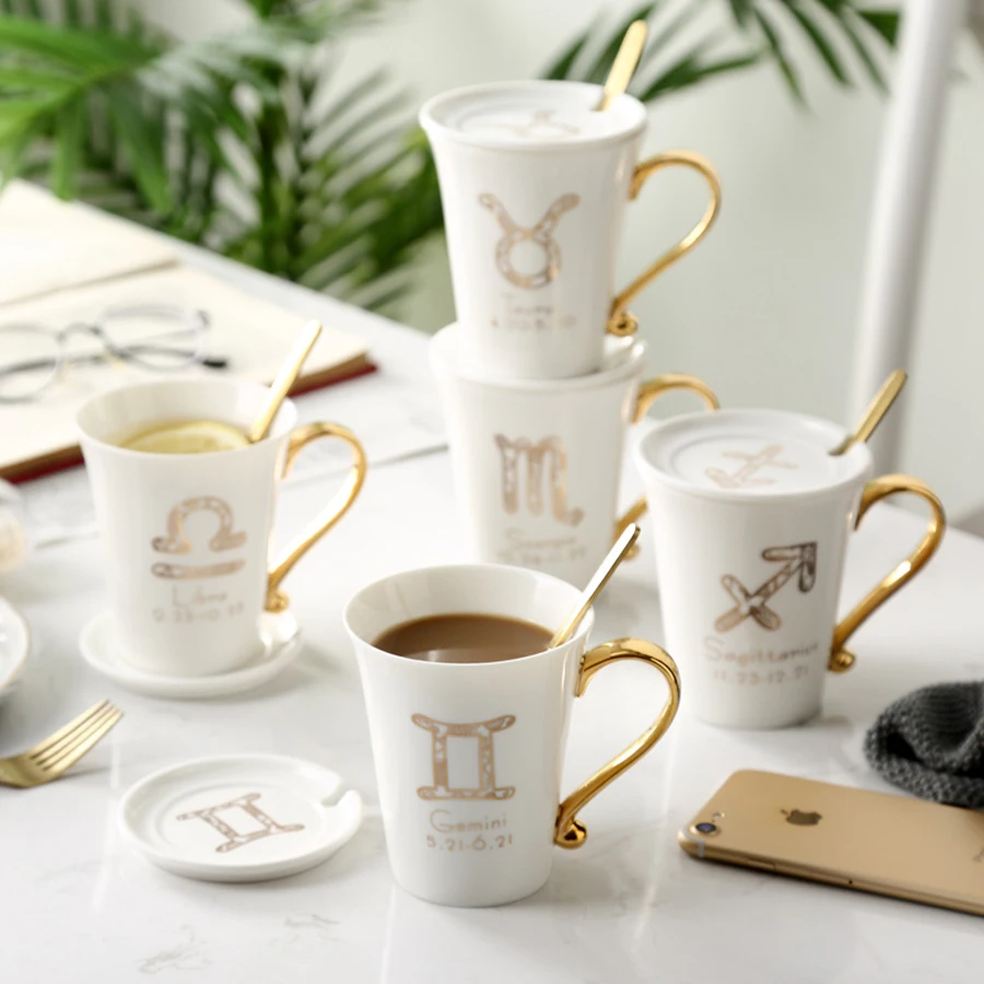 MUZITY Ceramic Coffee Mug The Zodiac Design Porcelain Tea Mug With Lid And Spoon Gift Box Packing