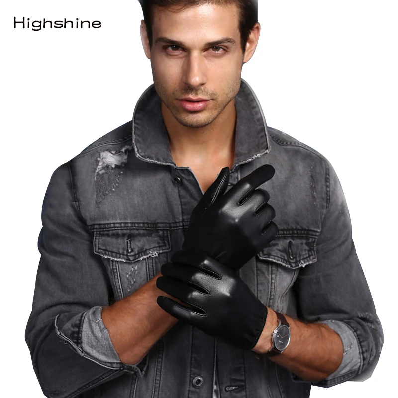 Men\'s Luxury  Genuine Leather Gloves fashion classic short wrist  Black Touch Screen Driving Gloves Winter Warm