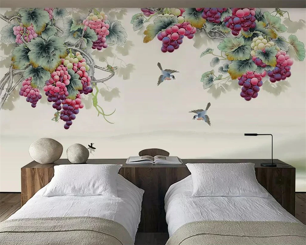 Custom 3D Wallpaper Orange fruit Chinese Style Purple Grape Tree Frame for TV Background Wall Living Room Bedroom Decor