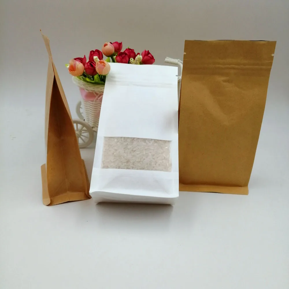 18x28x8cm 50pcs White/Brown Kraft Paper Bag For Gifts Christmas Food Tea Candy Zip Lock Kraft Paper Bag With Window Stand Pouch