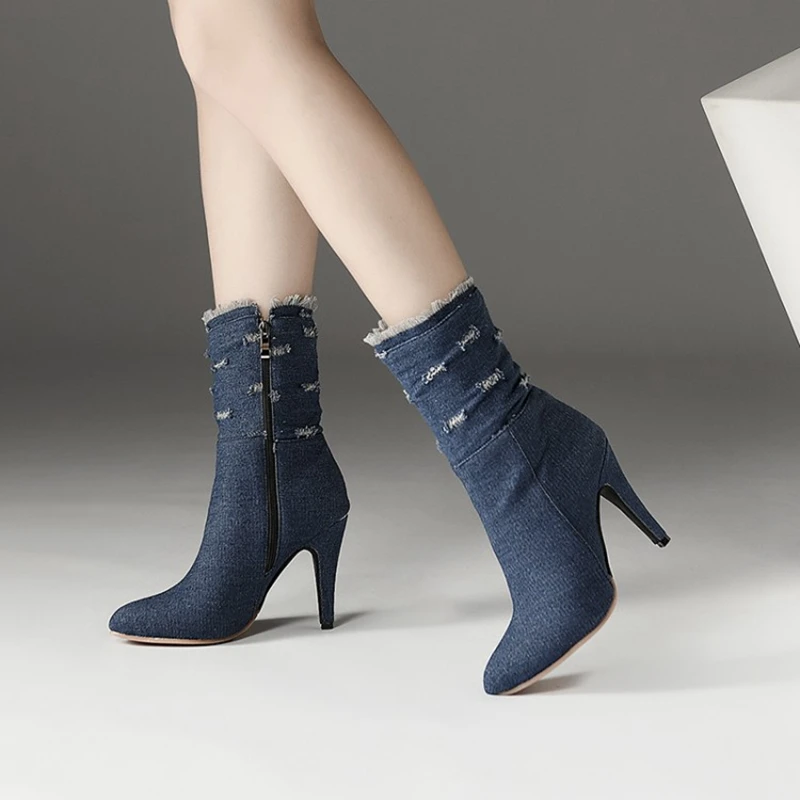 BLXQPYT Plus Big & Small Size 28-50 Denim  boot short Pointed Toe Women Autumn winter High Heels Wedding Shoes Woman Y72