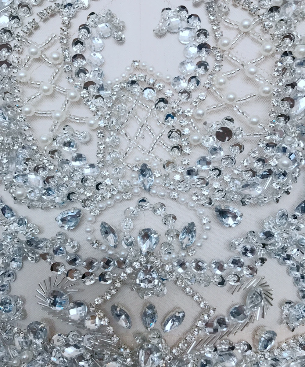 ZBROH Pure hand made sew on Rhinestones applique on mesh silver/gold/multicolored crystals patches 39*29cm dress accessory