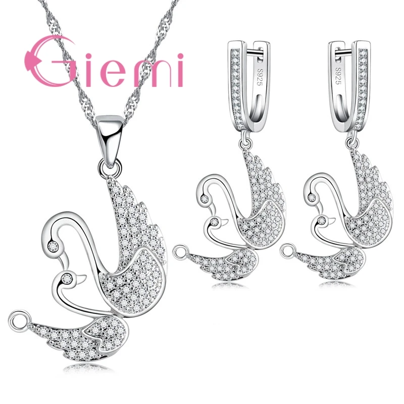 The Best Gift For Bride Two Swan Togetger 925 Sterling Silver  Earrings+Necklace Crystal Jewelry Sets Cubic Zircon Bijoux