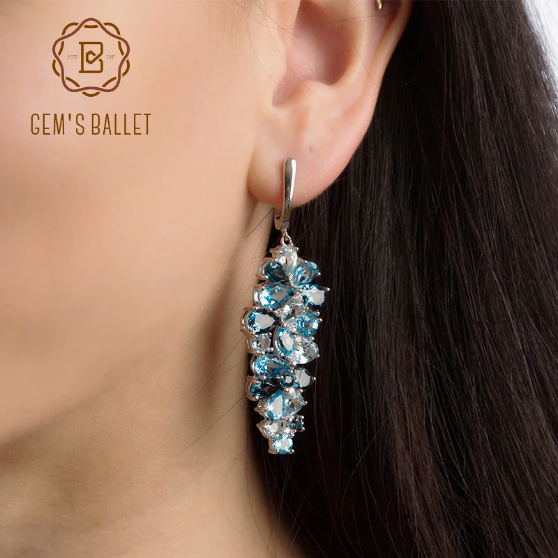 GEM\'S BALLET Natural London Blue Pure Topaz 925 sterling silver Drop Earrings Mix Gemstones Earrings Fashion Jewelry For Women