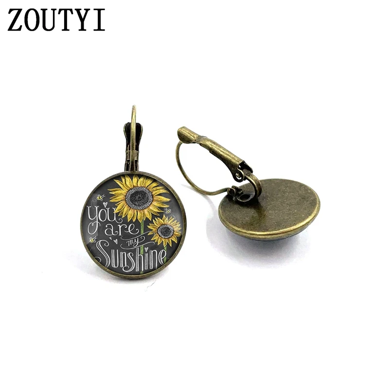 New/glamour retro style sunflower flower photo earrings, convex and concave glass ladies earrings.