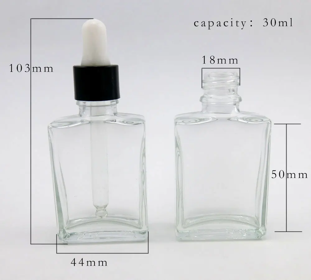 Botellas de vidrio cuadradas transparentes, Gotero para aromaterapia, Perfume, 1oz, 30ml