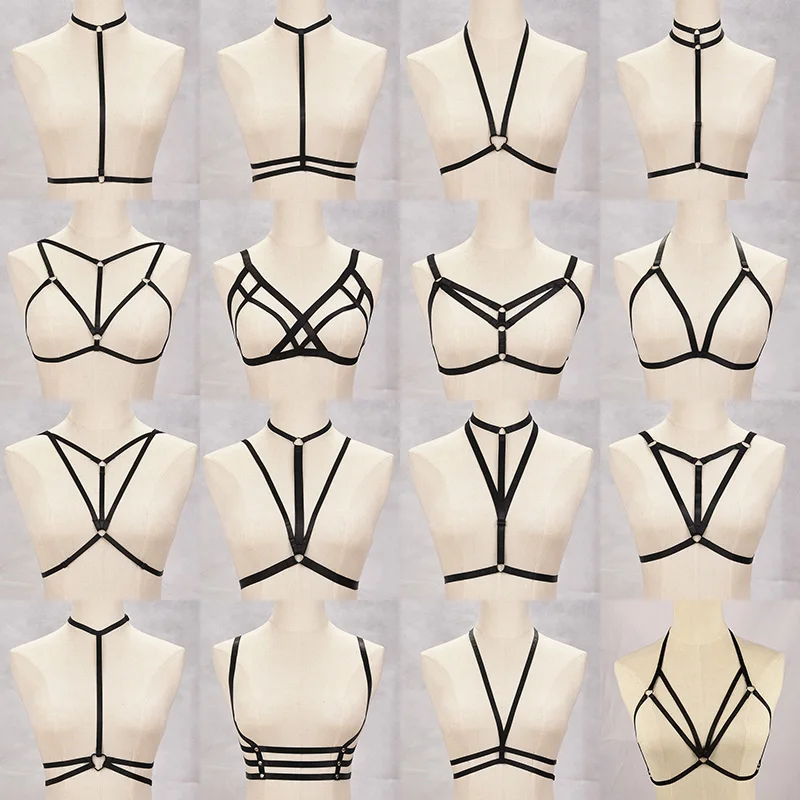 

Polyester BANGDAER Harness Lingerie Women Fetish Tops Crop Bodysuit Harajuku Gothic Body Cage Bra Rave Festival Bralette Harness