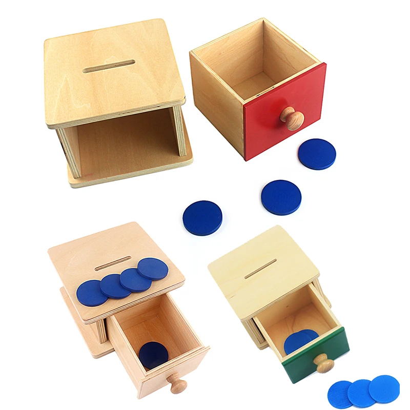 Montessori Imbucare Box with Coins Wood Coin Box Permanent Matching Box Blue Coins Eudcational Learning Toys For Toddler Infant