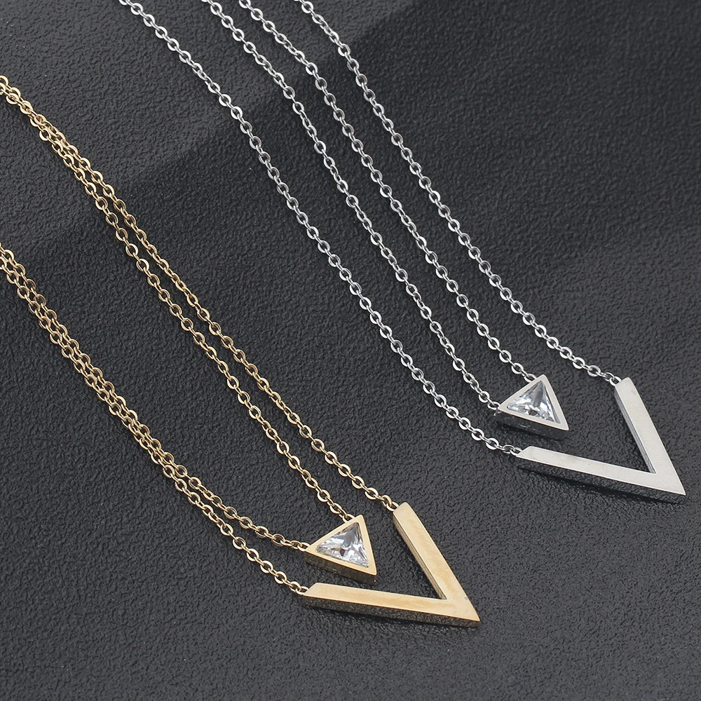 VQYSKO Gold-Color Double V Shape Necklace For Women Geometric Triange Cubic Zirconia Pendant & Necklace Trendy Collier