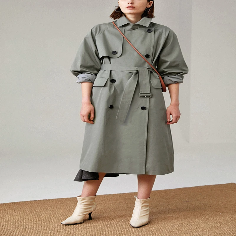 UK Brand new Fashion 2024 autunno/autunno Casual doppio petto semplice classico lungo Trench con cintura Chic giacca a vento femminile