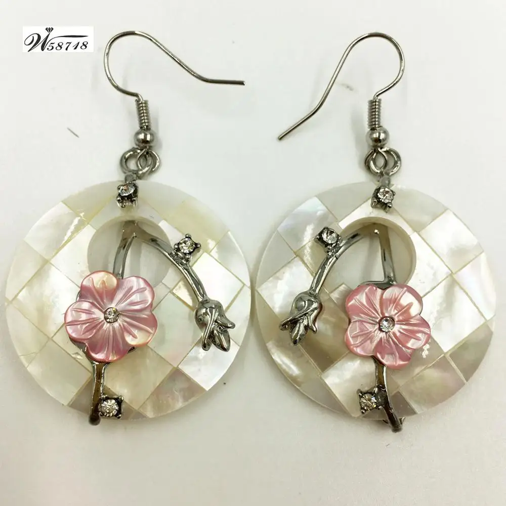 New Zealand Abalone  Mother of pearl Shell Round Oval  Flower Women Bead Dangle Earrings Pair WFH624