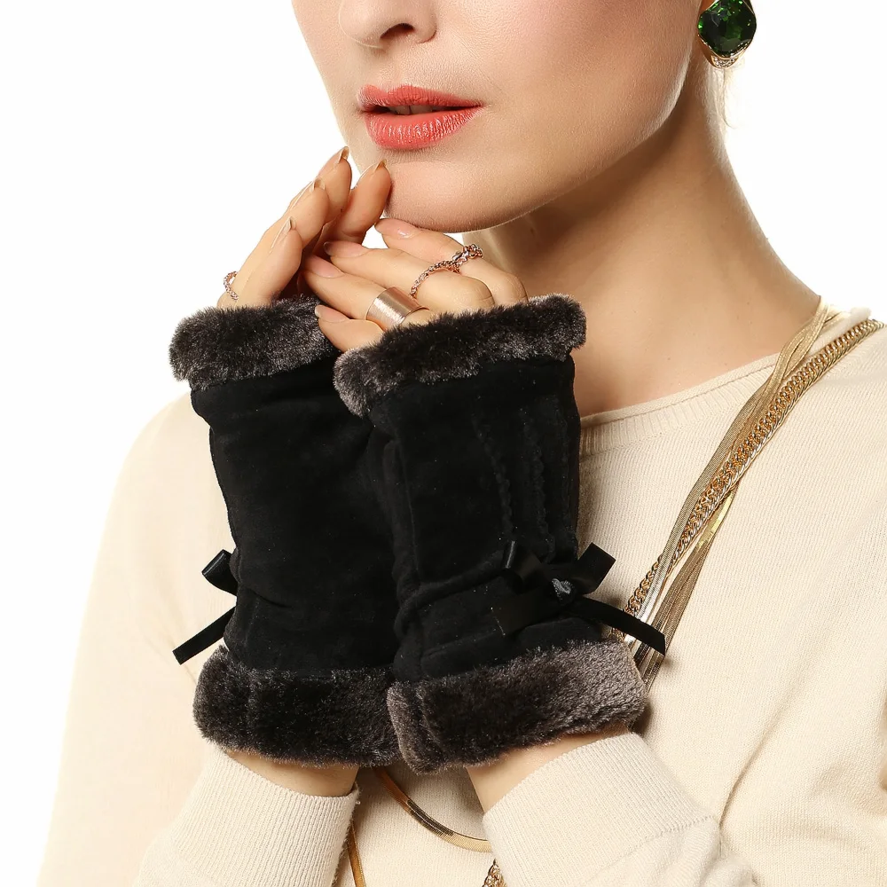 Women's Genuine Leather Gloves Female Fashion Semi-Fingers Pigskin Gloves Autumn Winter Warm Mittens L128NQ-1