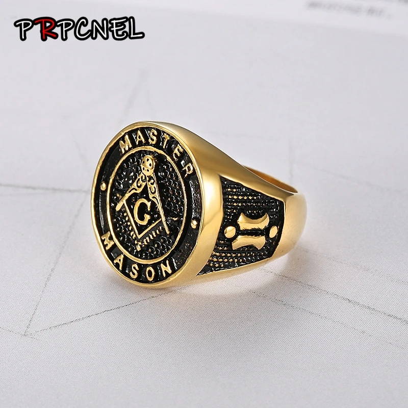 8 to 13 size Punk gold color  Masonic Ring For Men Vintage round Rhinestone Ring Classic Jewelry AG Freemason Gold Anel Bagues