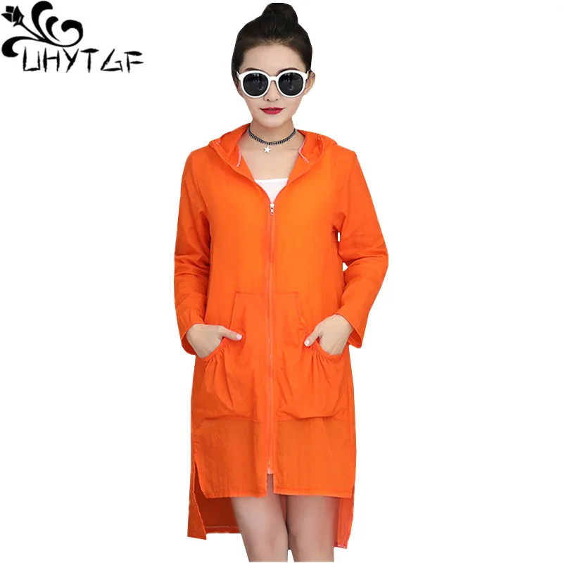 

UHYTGF Beach Thin Summer Sun Protection Clothing Loose Big Size Coat Long Sleeve Hooded Anti-UV Breathable Long Coat Women 1433