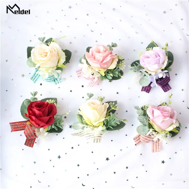 Meldel-ramillete y Boutonniere para novio, Pin de solapa, ramillete de muñeca nupcial, pulsera de dama de honor rosa, decoración Floral Personal para fiesta y boda