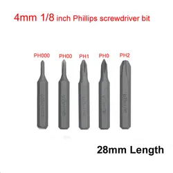 5 Size/set  4mm 1/8 Inch Hex Shank S2 Alloy Steel Screwdriver Bit Tool Set Phillips PH000 PH00 PH0 PH1 PH2 28mm length