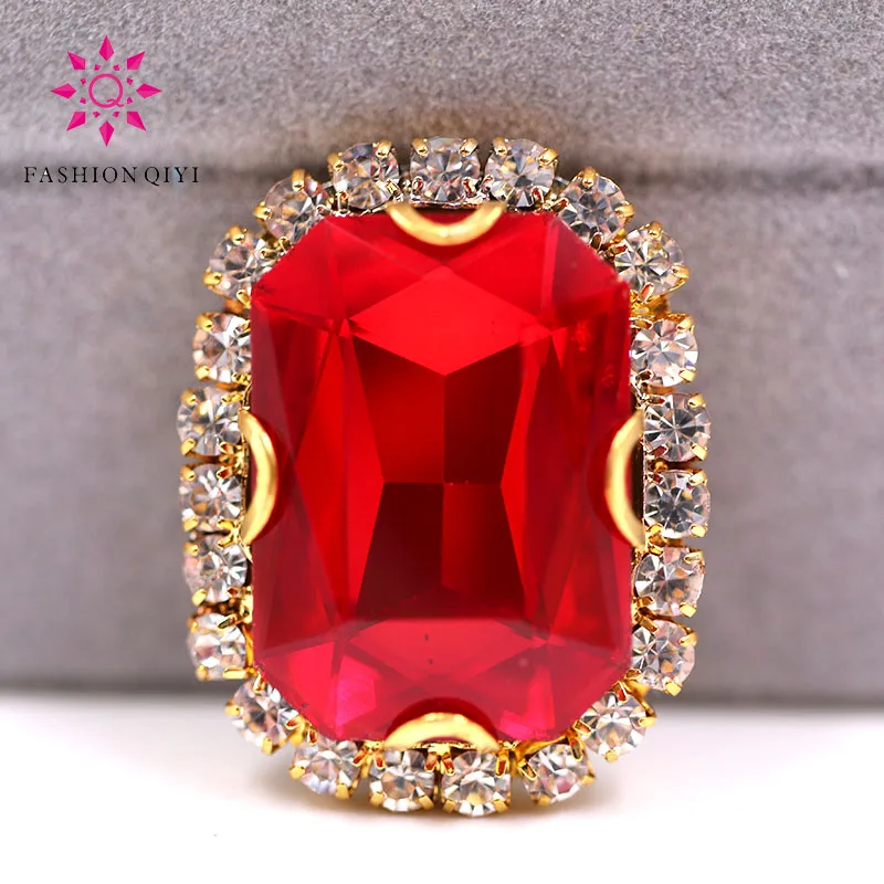 Hot!!! Gold base Rectangular octagonal shape Red sew on rhinestones glass Crystal button DIY Wedding dress/clothing accessories