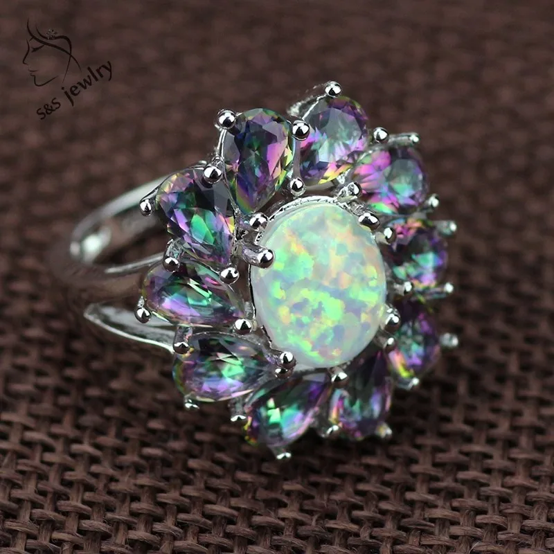 JLR-1074   Luxury Floral Rainbow Rainbow Stone & White Opal Rings For Women Fashion Jewelry