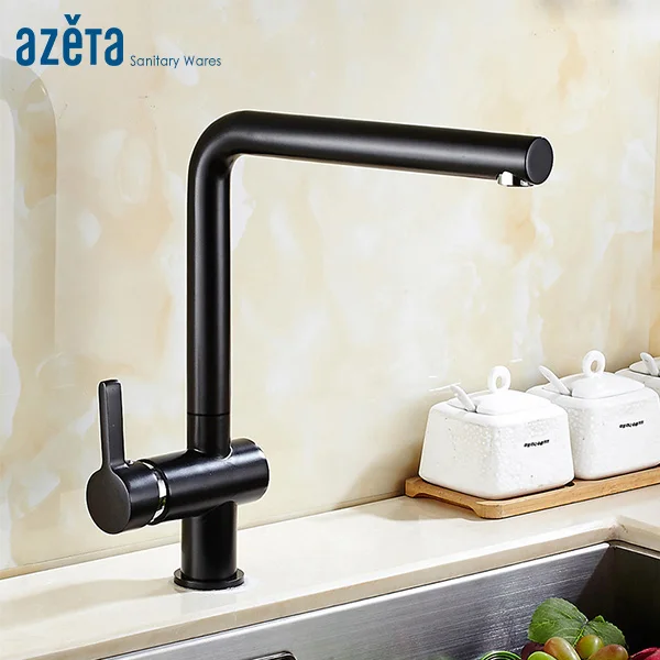 

Azeta Black Brass Kitchen Faucets Deck Mounted Kitchen Mixer Seven Word Design Kitchen Tap Single Handle Kitchen Faucet AT7408B