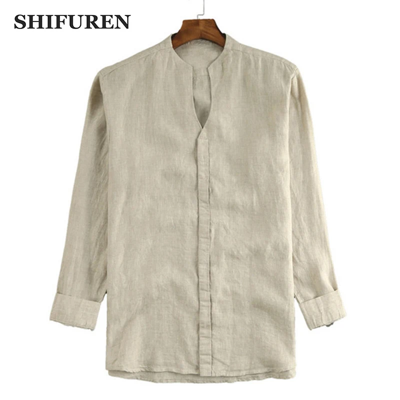 

SHIFUREN 2019 Spring New Men Linen Shirts Long Sleeve Soft Breathable Blouse Solid Color Male Social Shirts Loose Linen Clothes