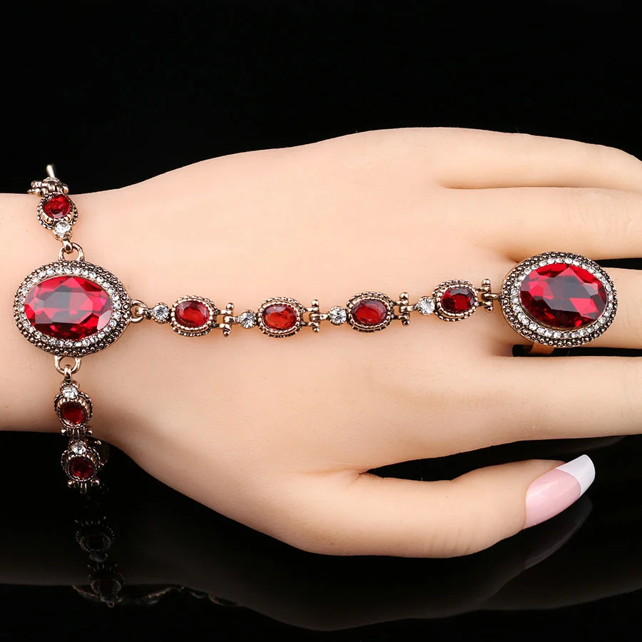 Big Red Glass Stone Finger Ring Bracelet Indian Antique Gold Crystal Hand Harness Bracelets For Women Wedding Jewery