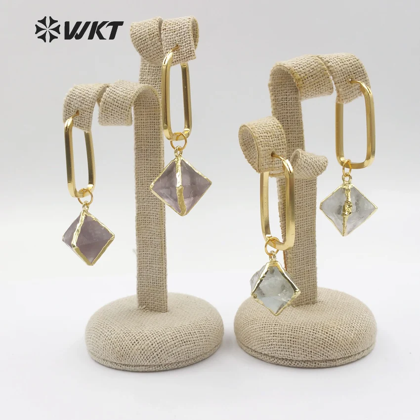 WT-E450 Heal Stone Dice Shape Rainbow Fluorite With Gold Dipped Rectangle Metal Hoop Inlay Earring Women Dainty Jewelry Earring