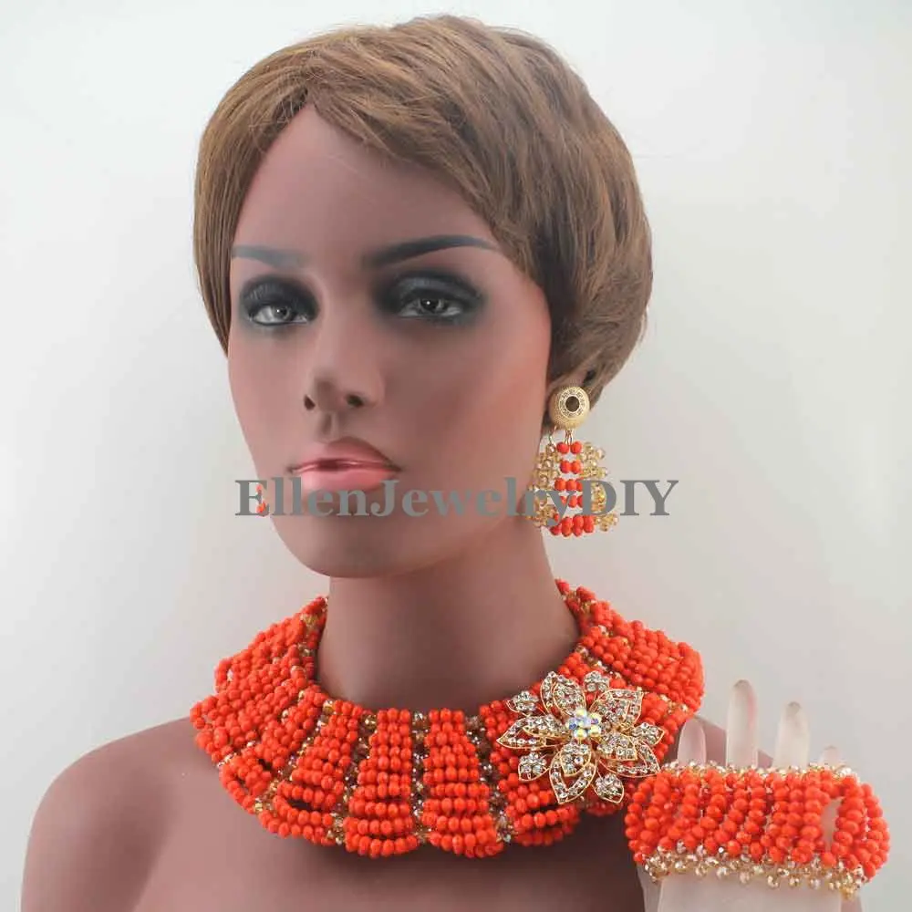 New Gorgeous Coral Crystal Beads Traditional African Wedding African Beads Jewelry Set For Women Free Shipping W13131