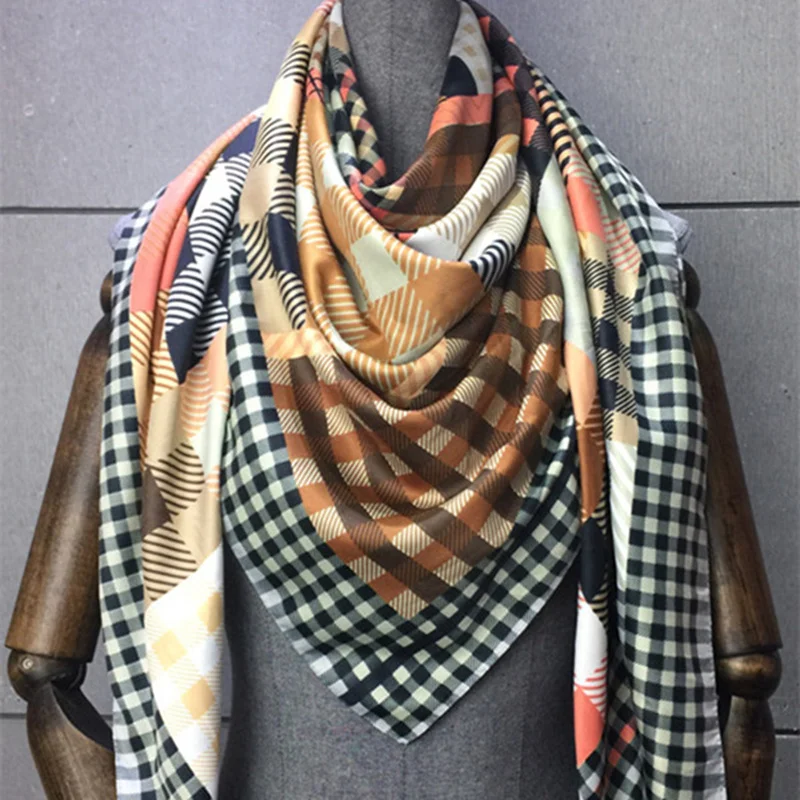 KOI – foulard en soie imprimé treillis, grande écharpe carrée, décoration, cadeau pour femme, châle de haute qualité, nouvelle collection