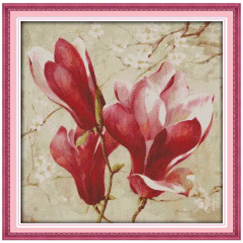 Magnolia Flower Patterns Counted Cross Stitch Set DIY 11CT 14CT 16CT Stamped DMC Cross-stitch Kit Embroidery Needlework Crafts