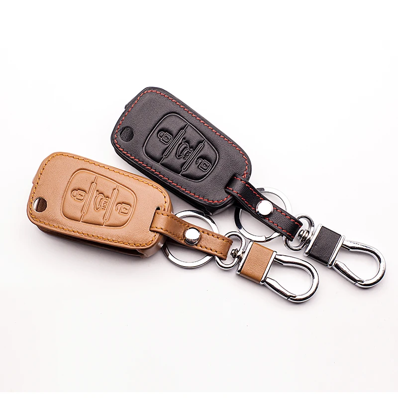 For Kia leather key cover for Kia RIO K2 K5 for Hyundai i20 i30 i35 iX20 iX35 3 button Fold Remote car keys cover accessories