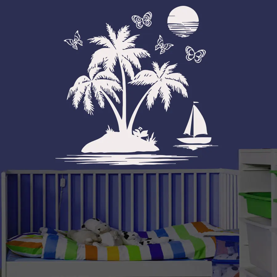 

ZOOYOO White DIY Home Decor Wall Sticker Palm Tree Sailboat Butterflies And Moon Landscape Removable Wall Decals