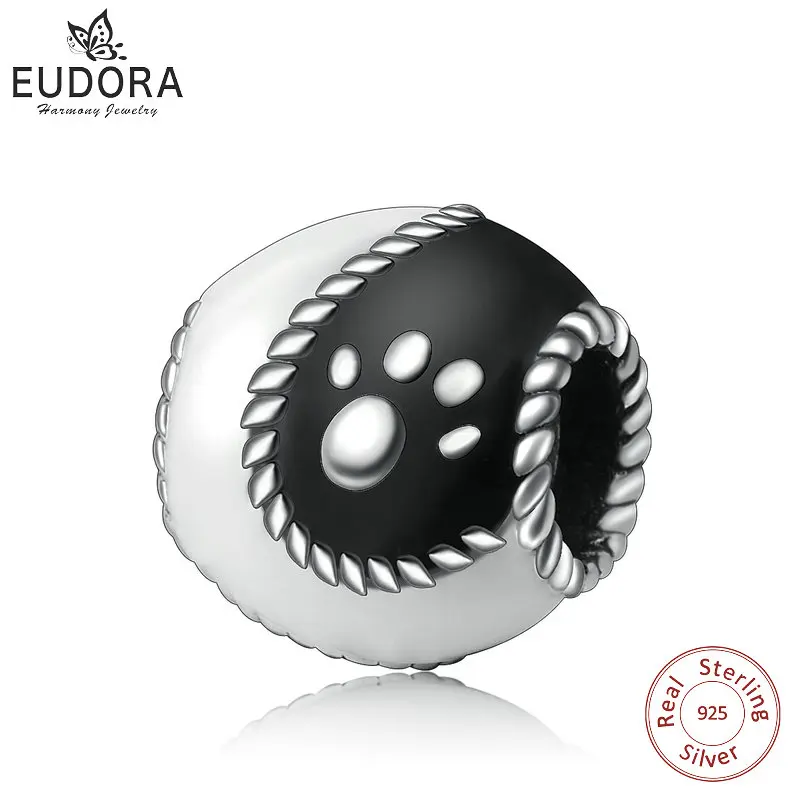 EUDORA Unique 925 Sterling Silver Dog Footprint Mixed Black White Enamel Charms Bead Pendant fit Women Bracelets DIY Jewelry Z69