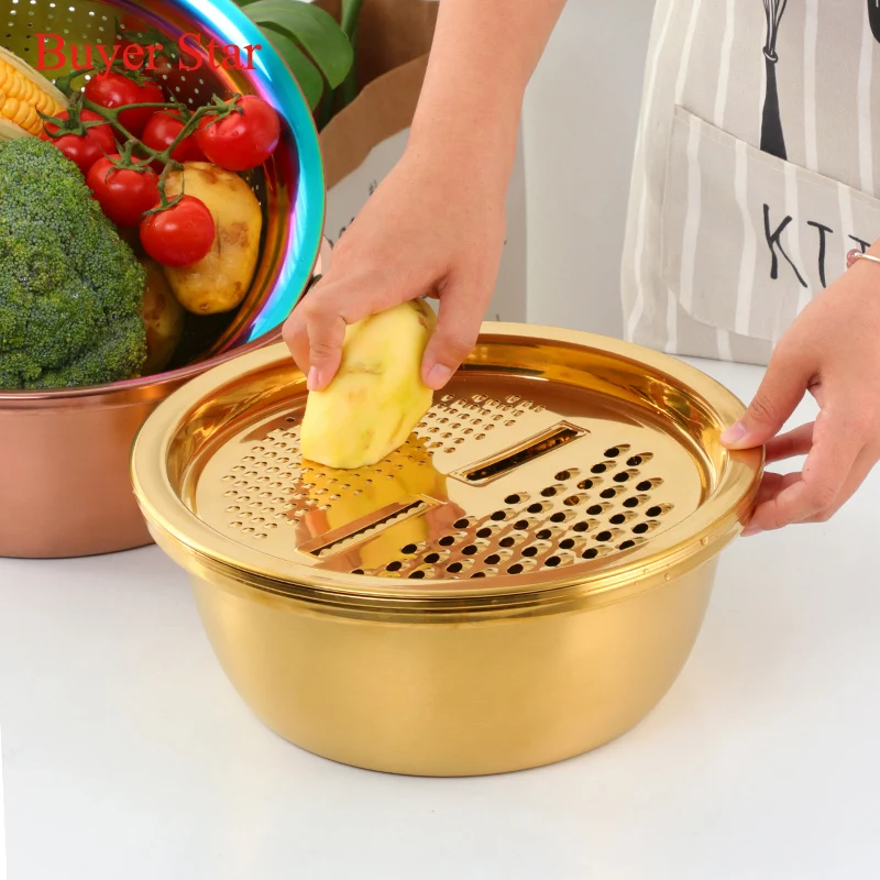 5 in 1 Kitchen Tool Stainless Steel Drain Pot Food Chopper Vegetable Cutter Peeler Hand Held Slicer Grater Kitchen Accessories