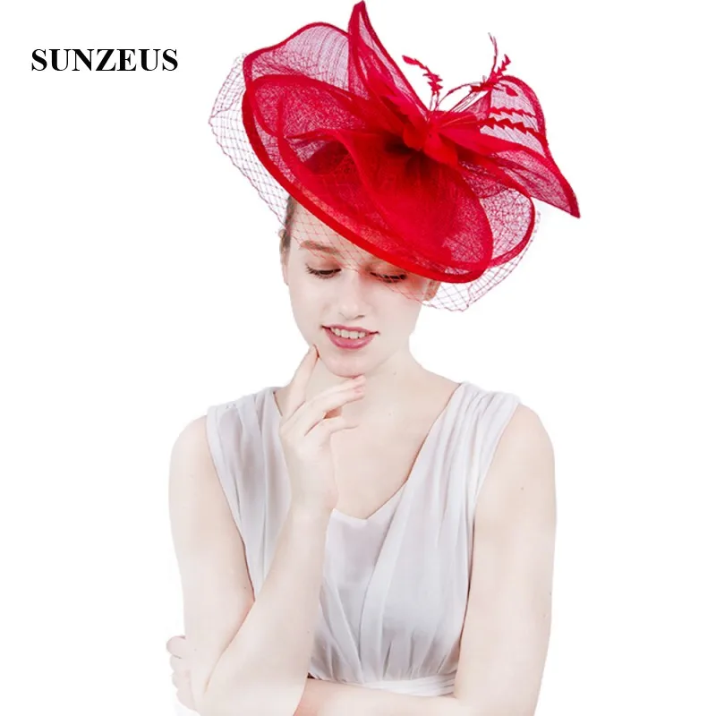 

Hot Red Linen Bridal Hats 2022 Fashionable Women's Hat with Face Veil Ivory/Black Fascinators Women's Party Hats SH59