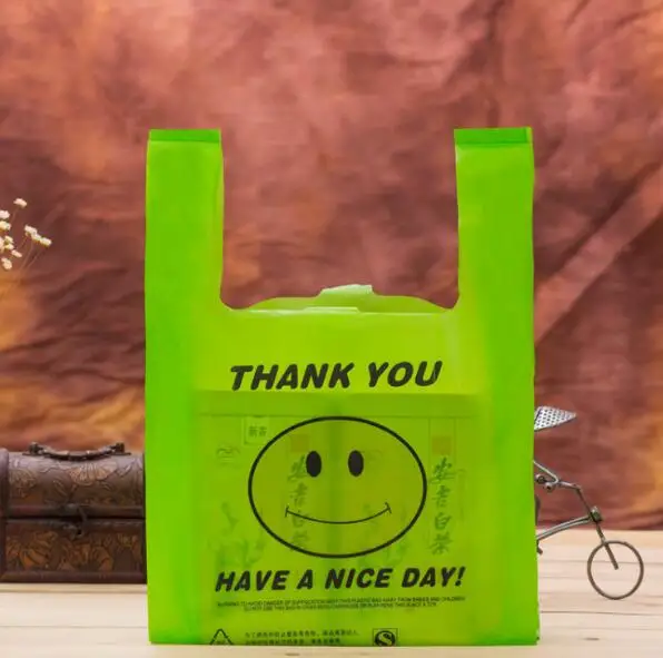 50Pcs Cheap Smile Face Supermarket Shopping Bag Vest Bag Plastic Bags With Handle Snack Boutique Plastic Bag