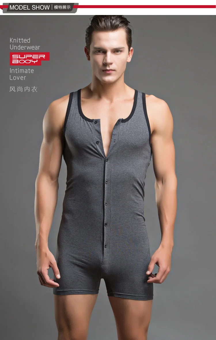 New SUPERBODY Hot Guys Sexy Bodysuits Men's Underwear Tank Tops Button Tie-up Teddy  Solid Cotton T-shirt # SP13