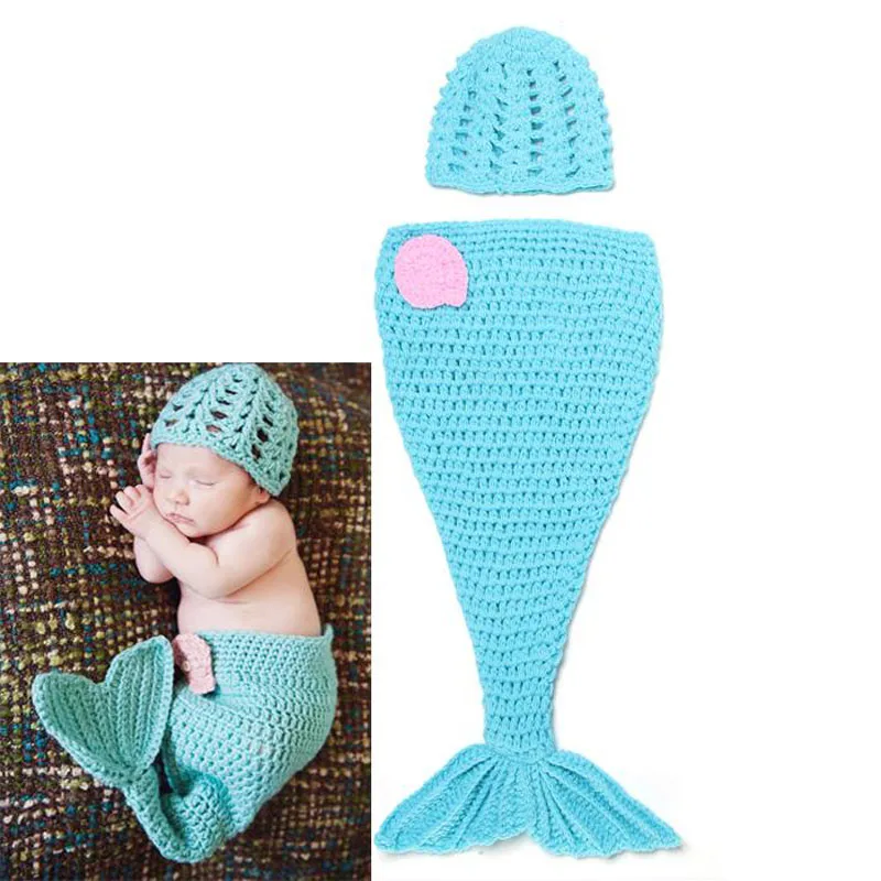 Baby Crochet Mermaid Animal Costume Set Newborn Photo Props Infant Knitted Pearl Cocoon with Flower Headbands SG051