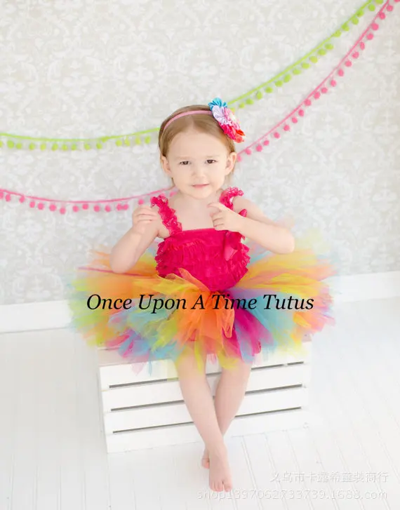 Beautiful Girl\'s Rainbow Color Tutu Skirts Baby Handmade Multicolor Tulles Tutus with Flower Headband Kids Party Pettiskirt 1Pcs