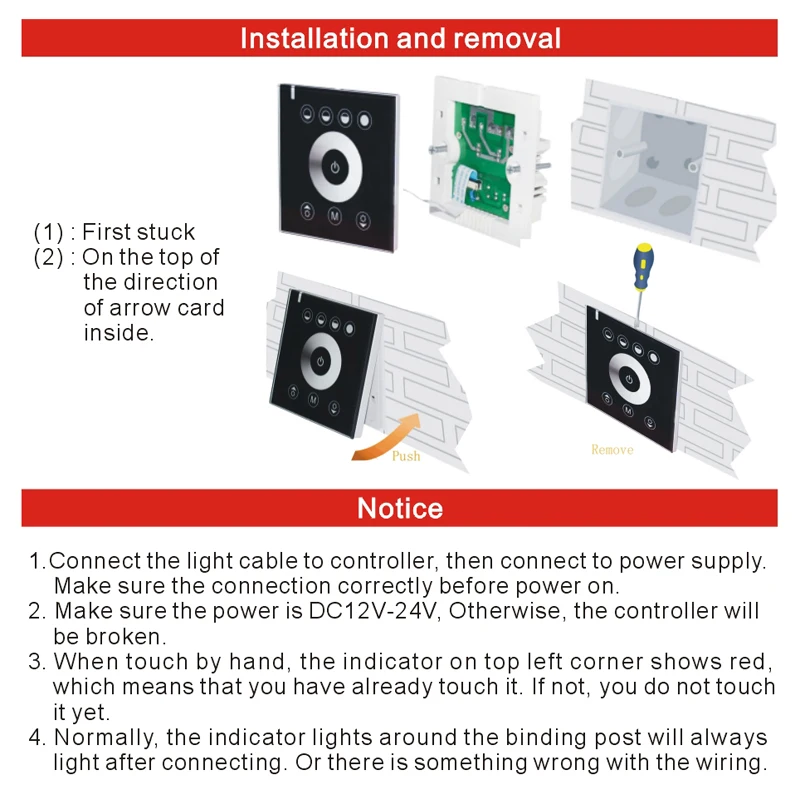 Newest European standard single color touch panel dimmer controller white/black Home Wall Light Switch For LED Strip Tape